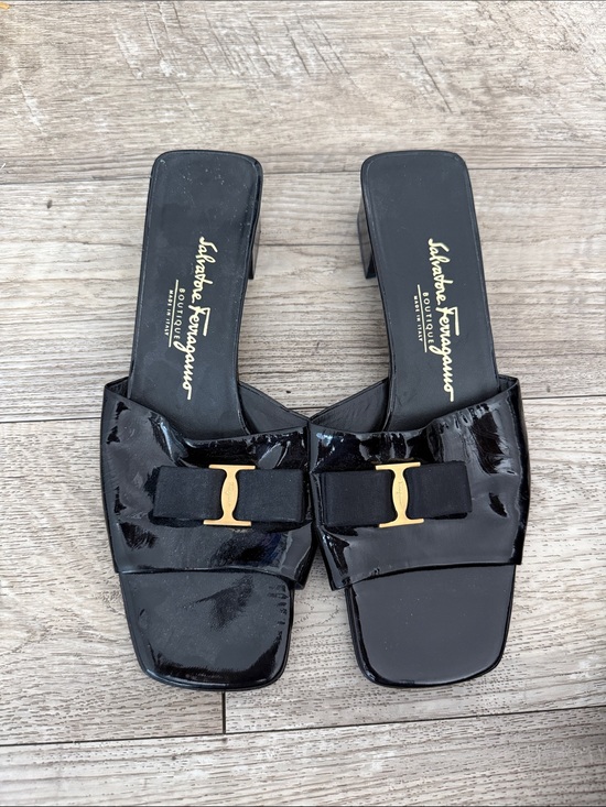 Salvatore Ferragamo Shoes - Salvatore Ferragamo Black Patent Leather Slide heels with bow and Gold Logo